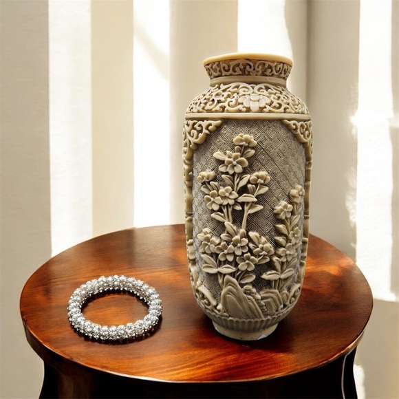 Hand-Carved Chinese Bone Vessel Ornate Floral Relief 8” Tall